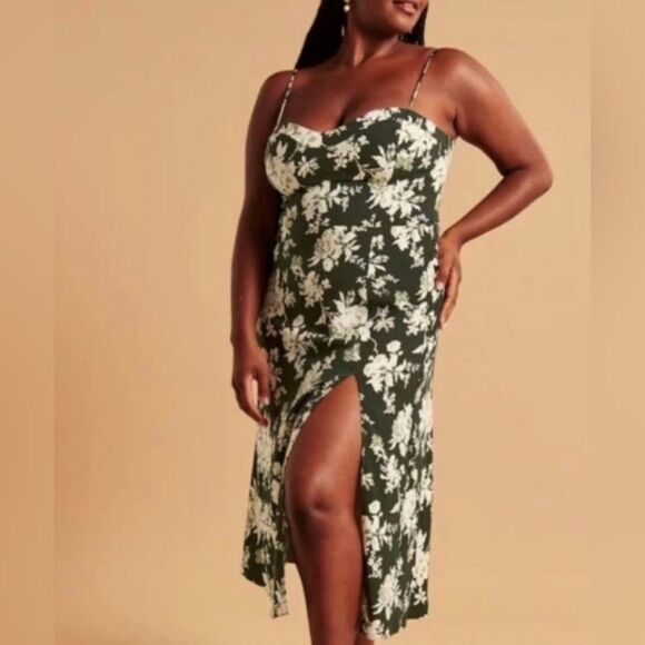 NEW Abercrombie & Fitch High-Slit Midaxi Dress green floral Large - Picture 2 of 15